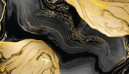 Abstract black and gold ink vector art background for cover design, card, flyer, poster and design Hand drawn vector. Fluid art Monochrome watercolour backdrop Black stone Marble.