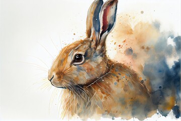 Brown bunny watercolor drawing. Profile view.