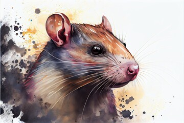 Mouse head portrait with paint splash. Watercolor painting.