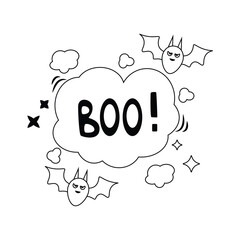 Halloween cartoon elements and lettering. Boo. Line art.