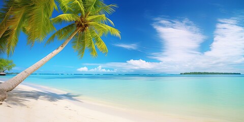Fototapeta na wymiar Beautiful natural tropical landscape, beach with white sand and Palm tree leaned over calm wave. Turquoise ocean on background blue sky with clouds on, Generative AI