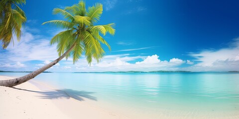 Fototapeta na wymiar Beautiful natural tropical landscape, beach with white sand and Palm tree leaned over calm wave. Turquoise ocean on background blue sky with clouds on, Generative AI