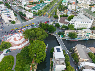 Riverside old town village with modern office building in Bangkok Thailand