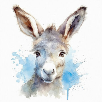 Watercolor painting of little donkey. Happy farm animal illustration. Watercolor paper texture visible.