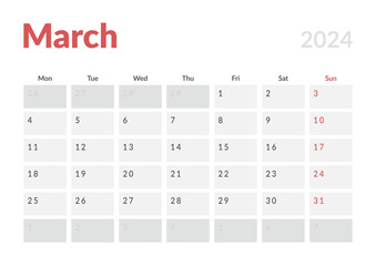 Monthly page Calendar Planner Templates of March 2024. Vector layout of simple calendar with week start Monday for print. Page for size A4 or 21x29.7 cm