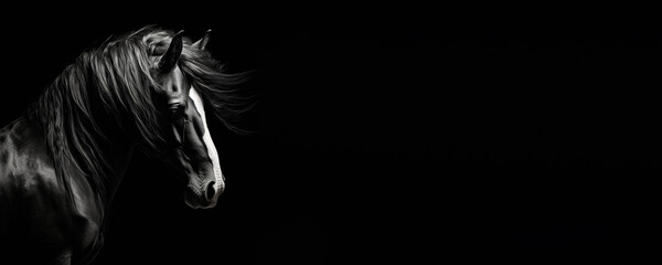 Black and white banner of a magnificent black stallion horse isolated on black background with copy space