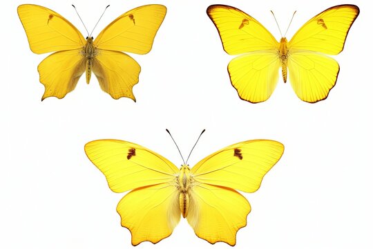 Set - three beautiful yellow butterflies Gonepteryx isolated on white background. Butterfly with spread wings and in flight, Generative AI