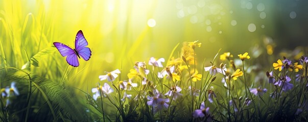 Small wild purple flowers in grass and two yellow butterflies soaring in nature in rays of sunlight close-up. Spring summer natural landscape, Generative AI