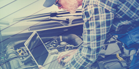 Mechanic using laptop for checking car engine, geometric pattern