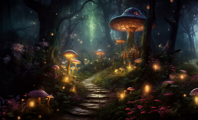 Magical fantasy fairy tale scenery, night in a forest. Generative Ai - obrazy, fototapety, plakaty