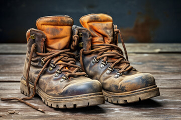 old worn leather hiking boots, generative ai