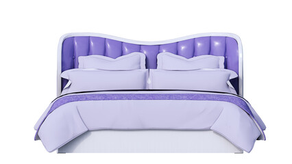 front view double bed with pillows, purple and white color and white background