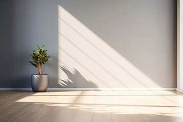 Light gray wall and and a wooden floor with a potted plant with interesting light glare. Empty background interior for the presentation. AI generated, Generative AI