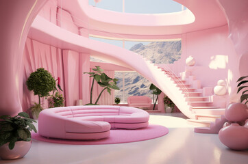 Pink interior. Doll house. Glamor house, pink interior design. Generative Ai