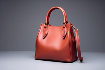 Beautiful trendy smooth youth women's handbag in bright terracotta color on a gray studio background. AI generated, Generative AI