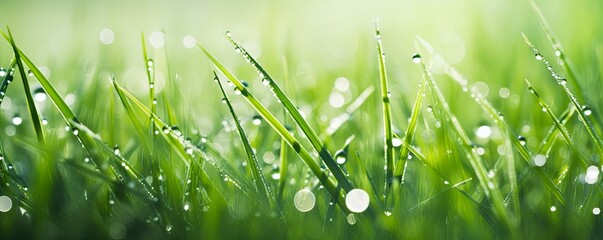 Juicy lush green grass on meadow with drops of water dew in morning light in spring summer outdoors close-up macro, panorama. Beautiful artistic image, Generative AI
