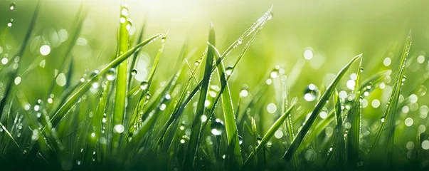 Poster Juicy lush green grass on meadow with drops of water dew in morning light in spring summer outdoors close-up macro, panorama. Beautiful artistic image, Generative AI © Picture Perfection