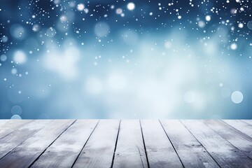 Beautiful winter snowy blurred defocused blue background and empty wooden flooring. Flakes of snow fall and sparkle on light, copy space, Generative AI