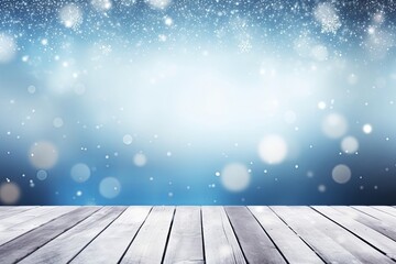 Beautiful winter snowy blurred defocused blue background and empty wooden flooring. Flakes of snow fall and sparkle on light, copy space, Generative AI