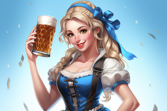 Cartoon style woman woth blue clothing and beer mug at German Oktoberfest celebration