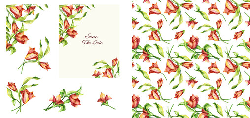 Set of floral design elements with buds and leaves. Watercolor illustration