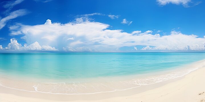 Beautiful beach with white sand, turquoise ocean and blue sky with clouds in sunny day. Panoramic view. Natural background for summer vacation, Generative AI