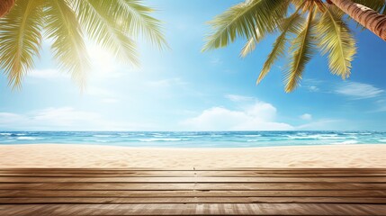 Summer panoramic landscape, nature of tropical beach with wooden platform, sunlight. Golden sand beach, palm trees, sea water against blue sky with white clouds. Copy space, Generative AI