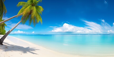 Fototapeta na wymiar Beautiful beach with white sand, turquoise ocean, blue sky with clouds and palm tree over the water on a Sunny day. Maldives, perfect tropical landscape, ultra wide, Generative AI