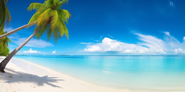 Beautiful beach with white sand, turquoise ocean, blue sky with clouds and palm tree over the water on a Sunny day. Maldives, perfect tropical landscape, ultra wide, Generative AI