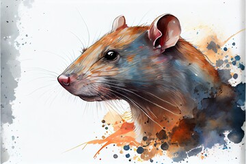 Mouse head profile drawing on white background. Watercolor illustration.