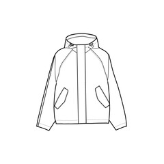 Unisex waterproof jacket technical fashion illustration drawing template, pocket, front, unisex CAD mockup