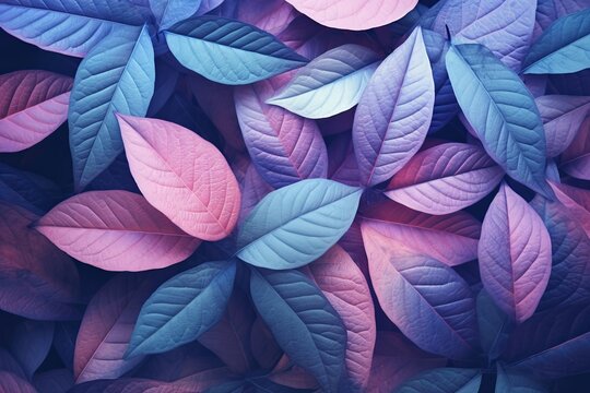 Natural macro texture of beautiful leaves toned in blue and purple pink tones. Flat lay, Generative AI