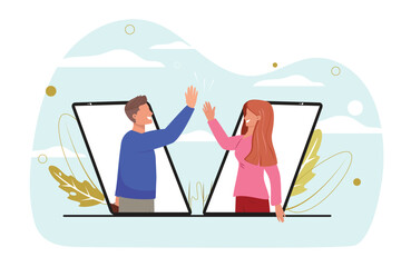 Man and woman from cellphones celebrating and giving each other high five.