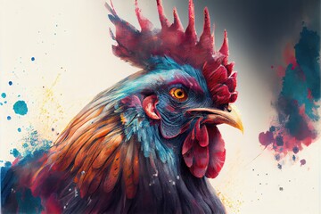 Rooster portrait on splash background. Watercolor illustration.