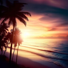 A beach at sunset with palm trees and a sunset in the background