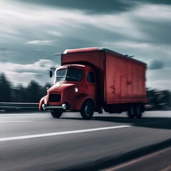 Fototapeta na wymiar The red truck runs on the highway