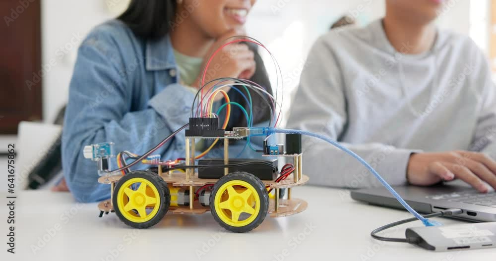 Leinwandbilder Education, robotics and hands of children at school learning about coding, laptop or car toy programming. Kids in class for technology, electronics or science for development, innovation and teamwork