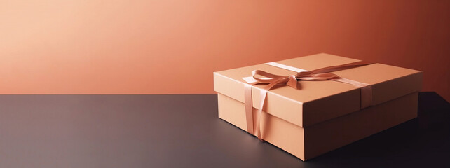 Gift pink box with a ribbon for the holiday, dark background. AI generated.