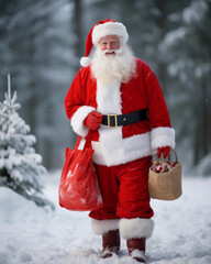 Santa Claus with bag of Christmas gifts is walking through snowy forest. Animator or parent in Santa Claus costume is rushing to a holiday for children. Traditions of winter holidays. © Ms VectorPlus