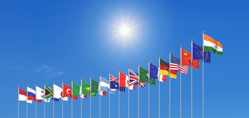 20 flags. G20 summit is the upcoming eighteenth meeting of Group of Twenty, New Delhi, India in 2023. Sky background. 3d Illustration.