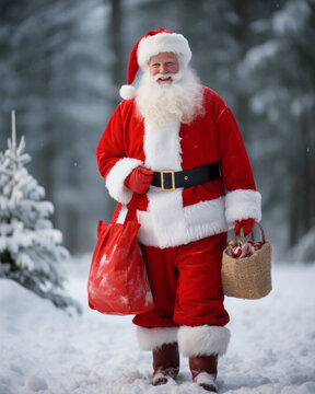 Santa Claus with bag of Christmas gifts is walking through snowy forest. Animator or parent in Santa Claus costume is rushing to a holiday for children. Traditions of winter holidays.