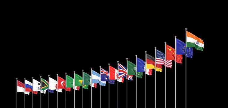 20 flags. G20 summit is the upcoming eighteenth meeting of Group of Twenty, New Delhi, India in 2023. Black background. 3d Illustration.