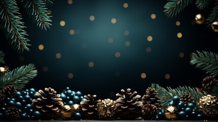 Fototapeta na wymiar Christmas background with fir branches, pine cones and lights. AI generated
