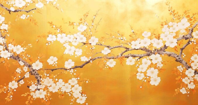 梅の金箔屏風のイラスト