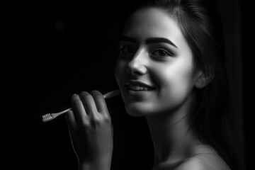 Obraz premium Close-up portrait photography of a glad girl in her 30s brushing her teeth with a toothbrush against a matte black background. With generative AI technology
