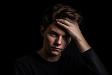 Lifestyle portrait photography of a glad boy in his 20s holding the hand on the forehead in a headache gesture against a matte black background. With generative AI technology