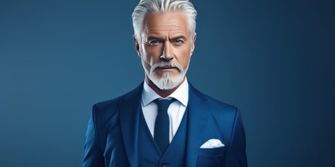 Close-up portrait of a serious grey haired middle aged man in a blue suit. Photo with copy space. Man over blue background looking at camera. - obrazy, fototapety, plakaty
