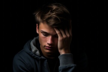 Lifestyle portrait photography of a glad boy in his 20s holding the hand on the forehead in a headache gesture against a matte black background. With generative AI technology