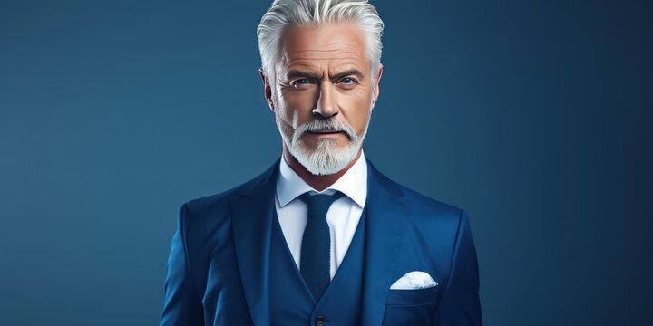 Close-up Portrait Of A Serious Grey Haired Middle Aged Man In A Blue Suit. Photo With Copy Space. Man Over Blue Background Looking At Camera.