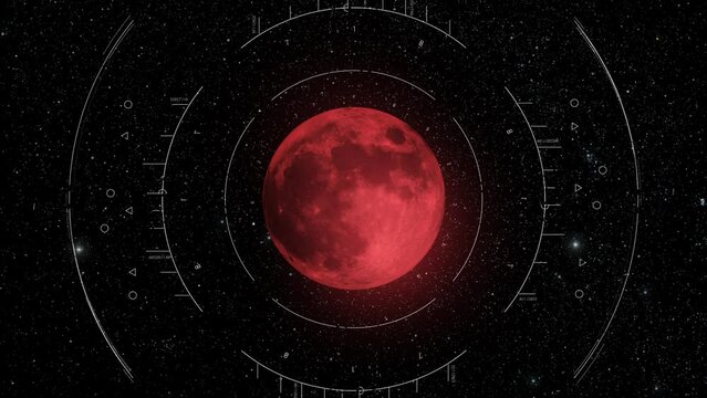 Red moon or alien planet scanned by spacecraft HUD radar display. Motion graphic for cyber and sci-fi technology concept